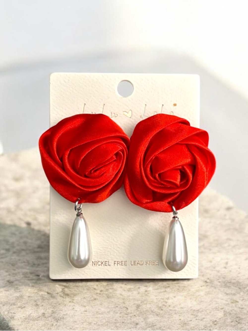 Red Rose Satin Earrings with Pearl Teardrops